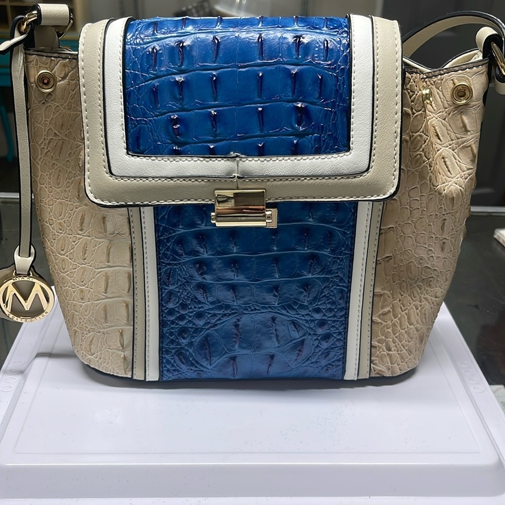 Mia K. Jamilah Blue/Tan Shoulder Medium
Handbag Purse faux alligator leather